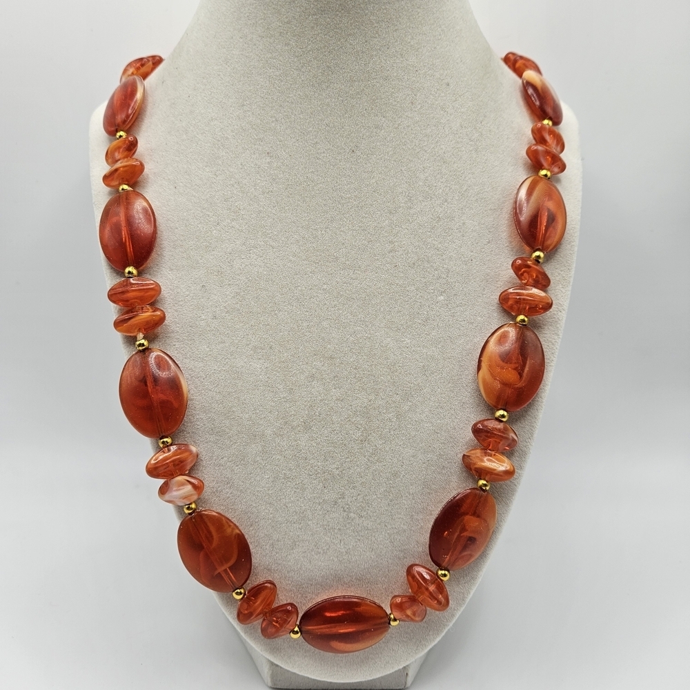 VINTAGE Orange Beaded Chunky Strand Necklace Gold Tone Spacers